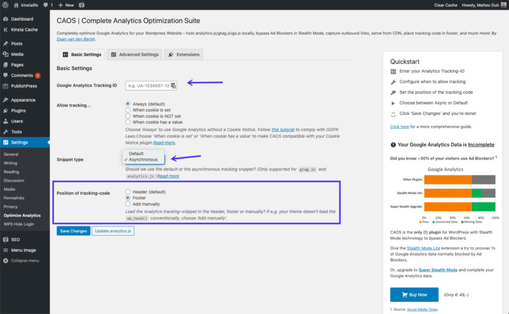 caos host google analytics locally settings