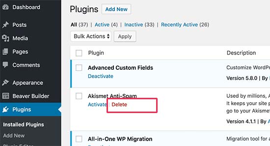 delete wp plugin