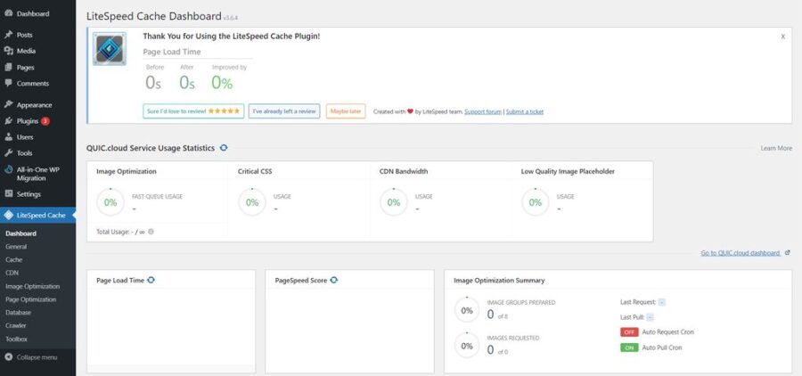 litespeed cache dashboard