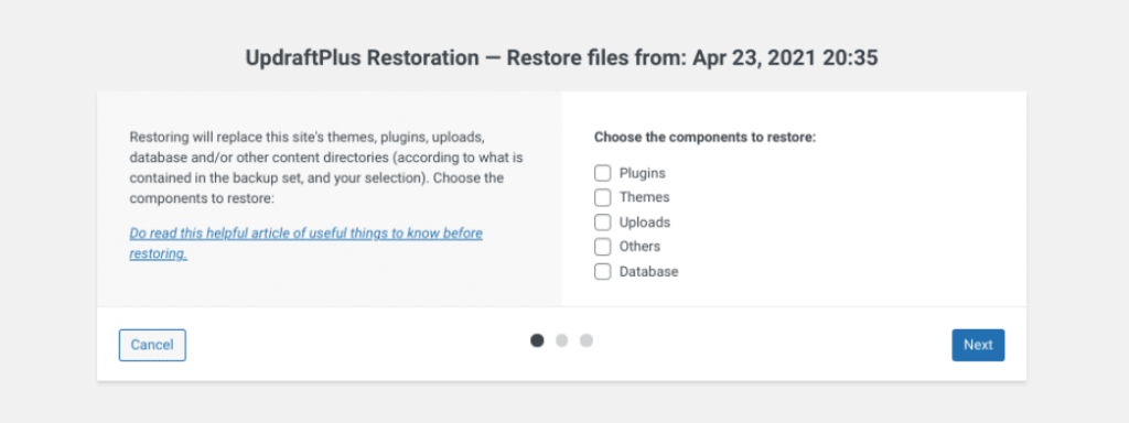 updraftplus restoration wordpress backup