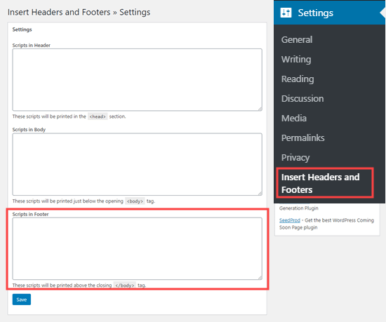 wordpress insert headers and footers scripts in footer