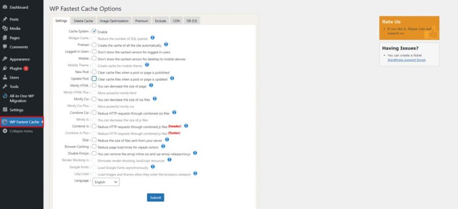 wp fastest cache options