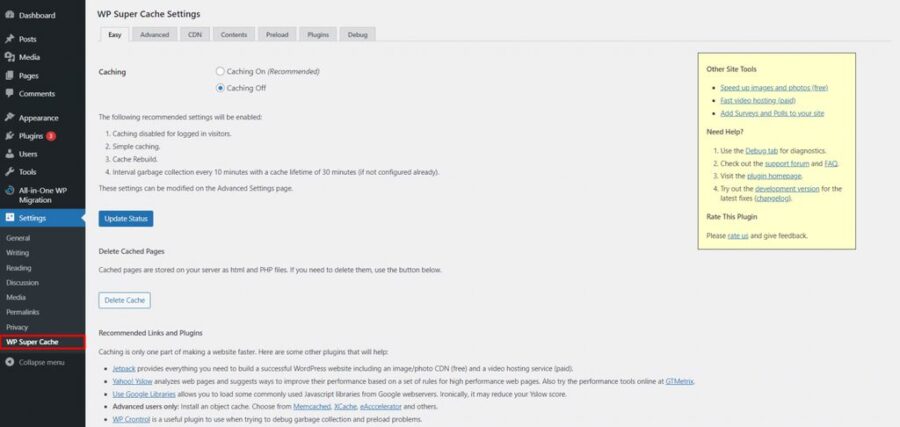 wp super cache settings