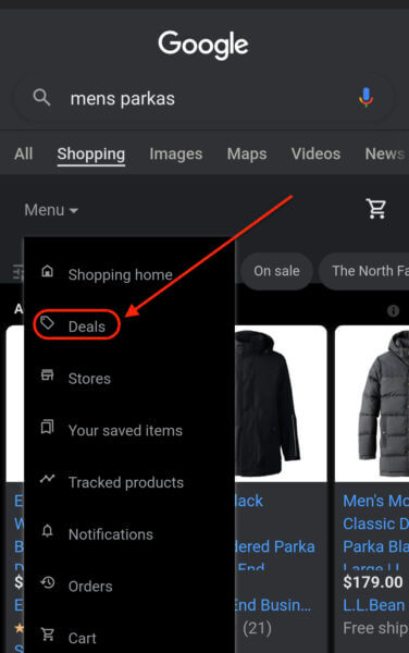 google deals shopping menu