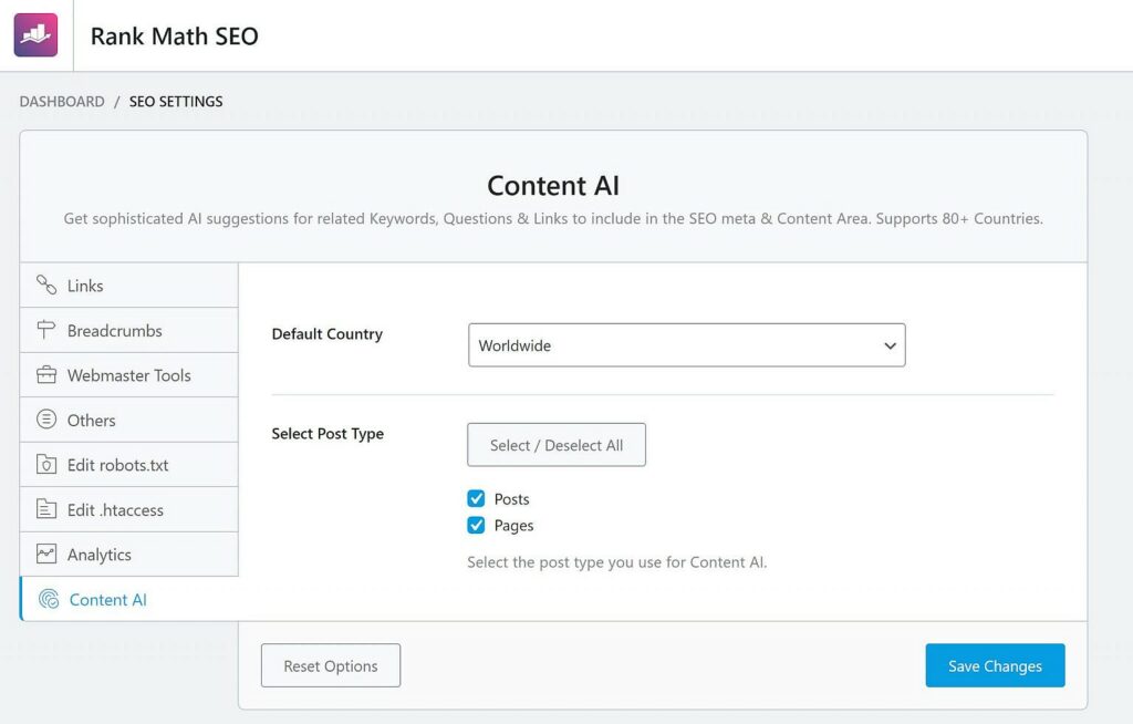 rank math content ai settings