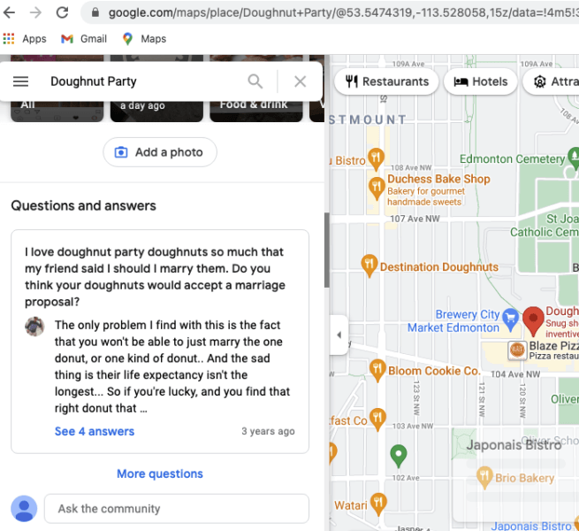 google maps interface with question answers