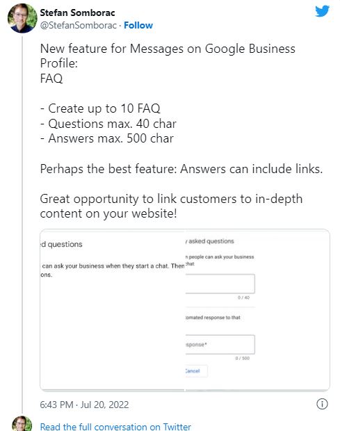 new feature for messages on google business profile twitter