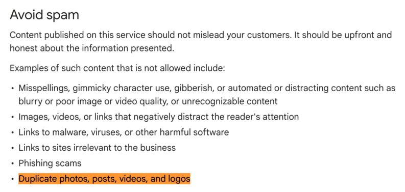 google business spam duplicate photos posts videos and logos