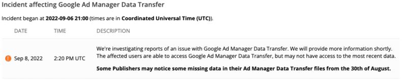 incident affecting google ad manager data transfer