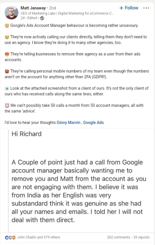 google ads account managers contact clients directly
